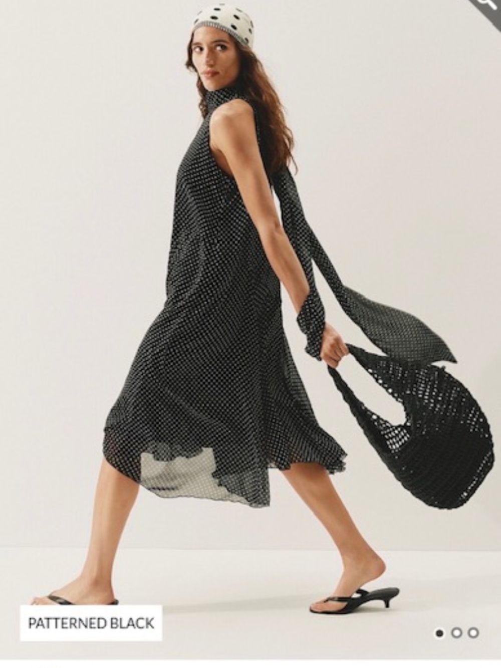Asymmetric polka-dot chiffon scarf-collar dress - Black M - NEW